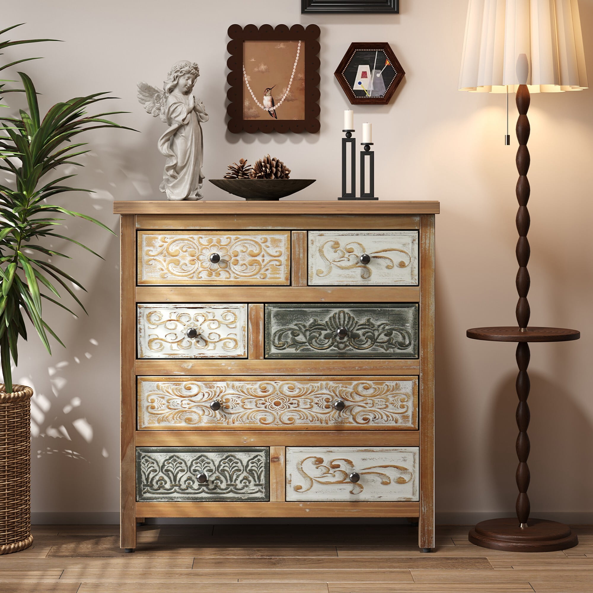 AENKYO Vintage 7-Drawer Dresser, Carved Wood Storage Chest, Distressed Finish for Bedroom & Living Room Farmhouse Decor