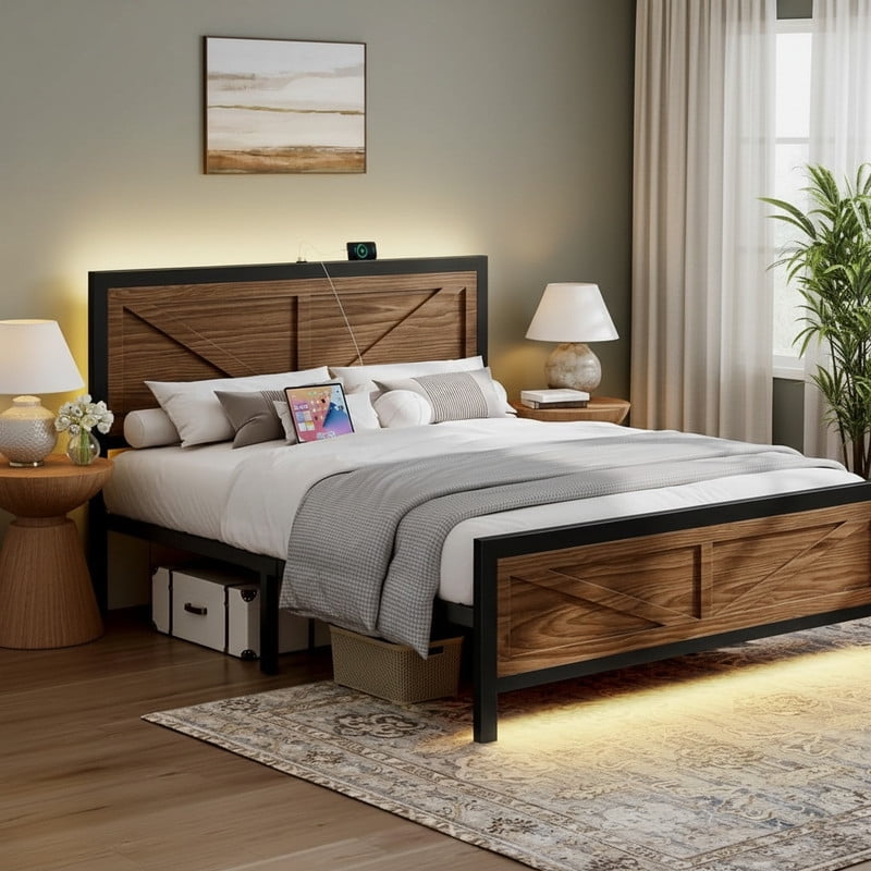 Rustic Bed Frame Full Size with Barn Door Headboard, LED Bed Frame with Charging Station, Industrial Platform Metal Bed Frames, No Box Spring Needed, Easy Assembly, Brown