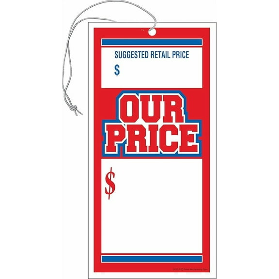 S10OUR Our Price Suggested Retail Sale Elastic Knotted Price Strung Tags with Strings Merchandising Hang Tags Pack of 100 (2 5/8" x 5 1/4") Business Store Signs