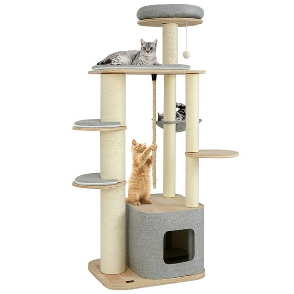 Spaco 63 Inch Tall Cat Tree Modern Wooden Cat Tower with Perch Condo Hammock, Cat Tree for Indoor as Home, Gray