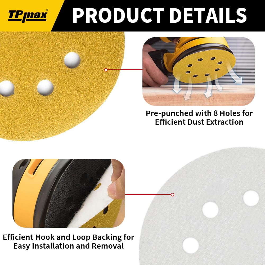 100PCS 5 Inch 80 Grit 125mm 8 Hole Sanding Discs Sandpaper - Premium Gold Round Hook and Loop for Random Orbital Sander - Ideal for Wood, Metal, Automotive