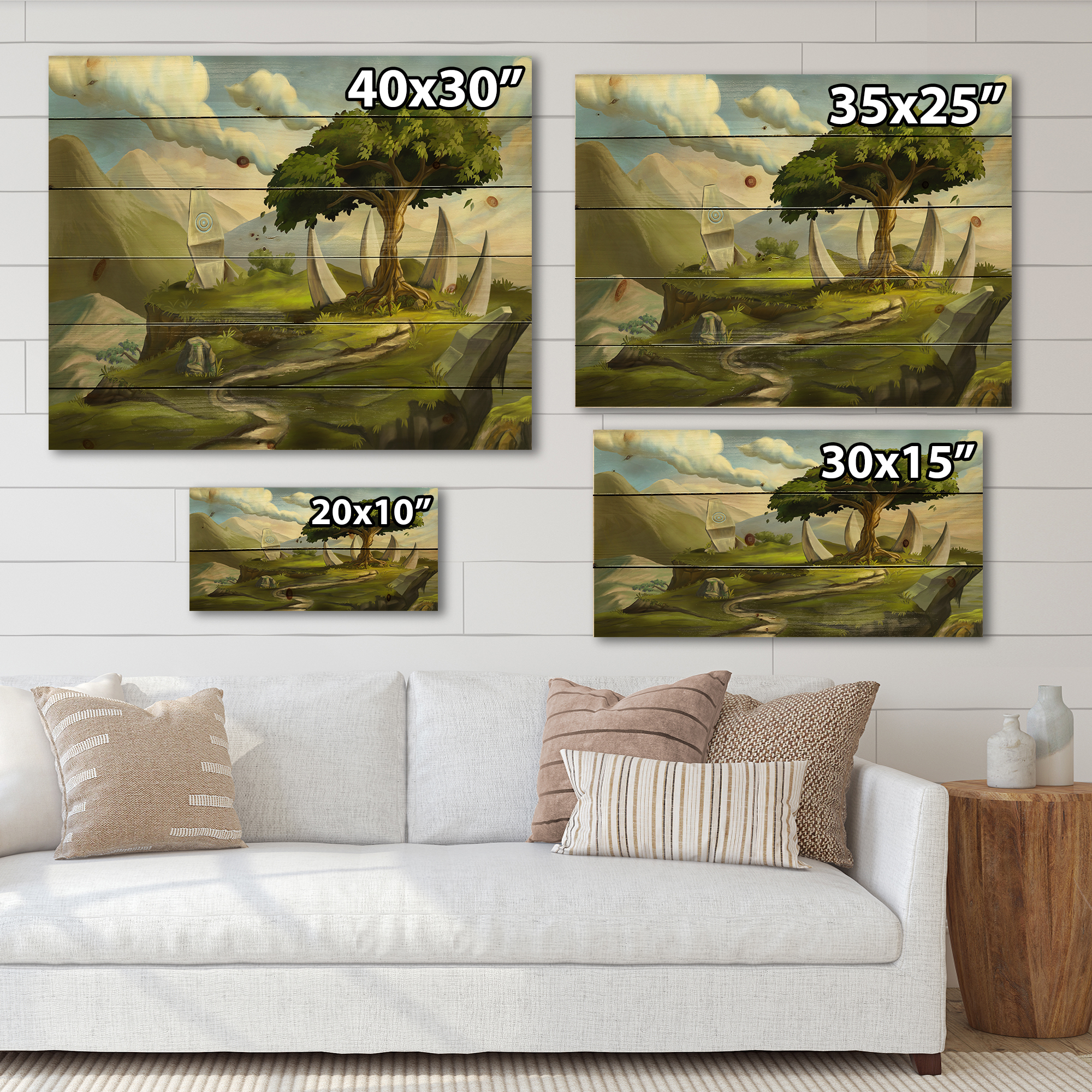 Designart 'Sacred Tree In A Fantasy Green Landscape' Traditional Print on Natural Pine Wood