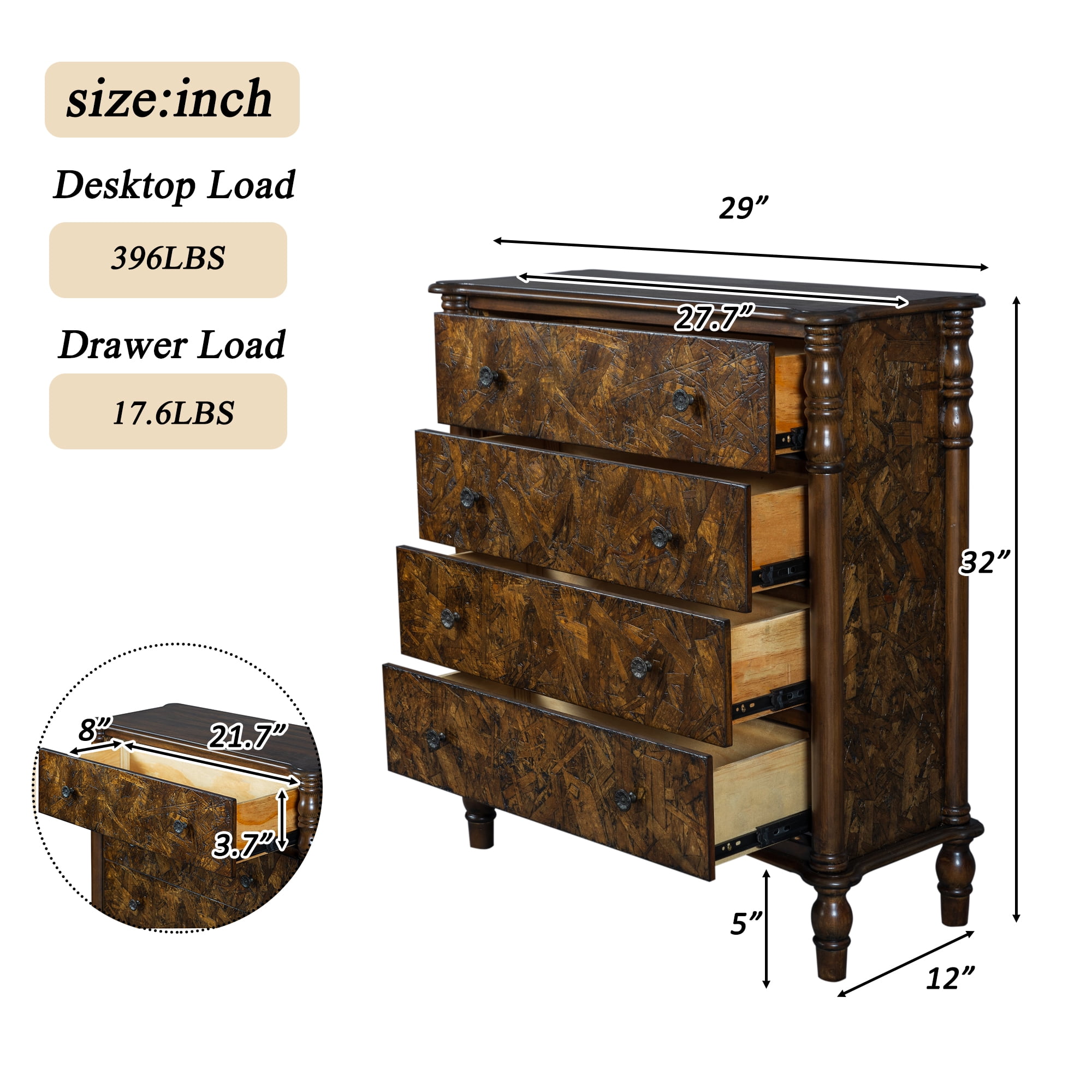 Aukfa 4 Drawer Dresser, 32" Chest of Drawers Bedroom Storage Cabinet for Small Spaces,Walnut