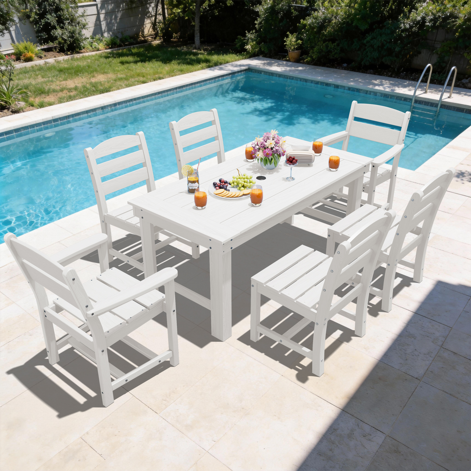 SERWALL 5-Piece HDPE Outdoor Dining Table Set, All-Weather 67-Inch Patio Table and 4 Armless Chairs for Deck, Lawn or Garden, White