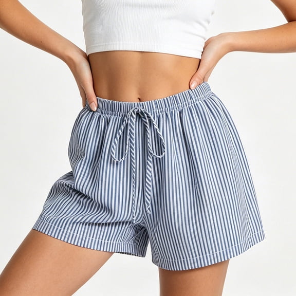 Cagogo Women's High Waisted Striped Drawstring Shorts Flowy Casual Loungewear Regular Fit Summer Beach Vacation Trousers Fashion Clothes, Sky Blue XL
