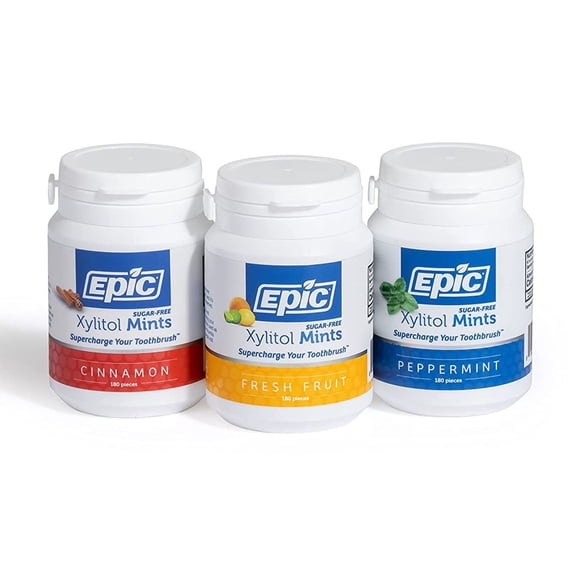 Epic Xylitol Mints - Sugar Free & Aspartame Free Mints Sweetened w/ Xylitol for Dry Mouth & Gum Health (Assorted, 180-Piece Bottle, 3 Bottles)