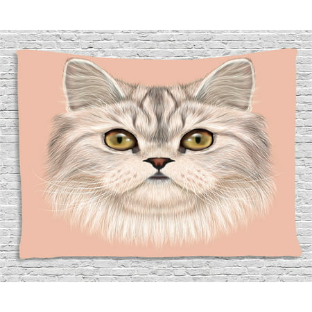 Cat Tapestry, Cute Kitty Portrait Whiskers Best Pet Animal I Love My Feline Themed Artwork, Wall Hanging for Bedroom Living Room Dorm Decor, 60W X 40L Inches, Beige Cream Peach, by
