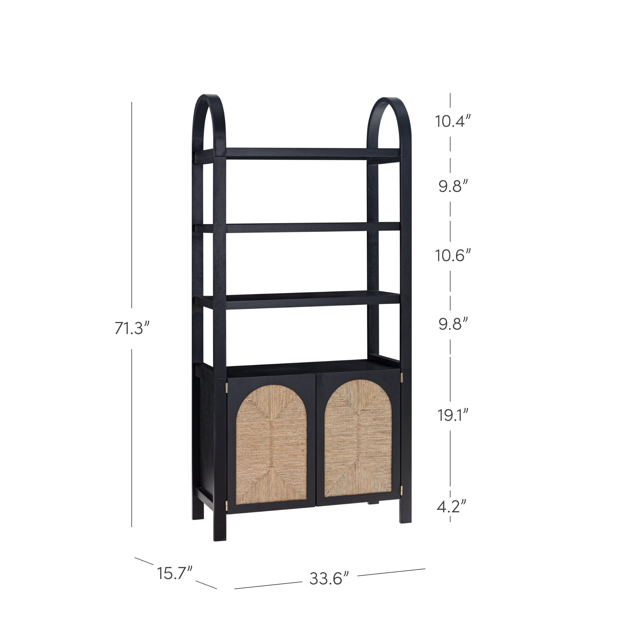 Nathan James Leah Bohemian Arched Bookcase, 3-Tier Bookshelf with Storage Cabinet Base, Seagrass Door Fronts and Solid Wood Frame, Black/Seagrass