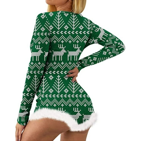 

HAXMNOU Women Christmas Print Long Sleeve Nightwear Jumpsuit Bodysuit Playsuit Romper Green S