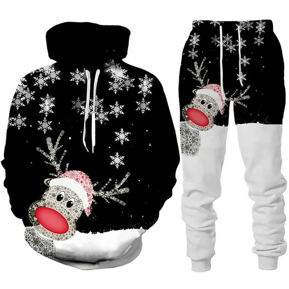 BOOMNY Christams Men Sweatsuits Set Xmas Deer Graphic Hoodies Sweatpants 2Pcs Gym Sweat Suits Running Jogging Fall Winter Athletic Tracksuit Outfits