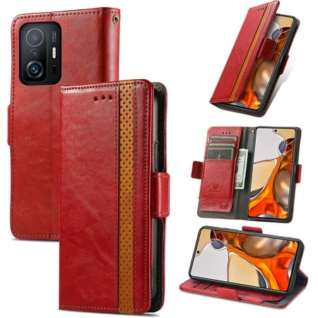 Case for Xiaomi MI 11T/11T PRO Cover Leather Wallet Folio Case Book Design Flip Magnetic Closure - Red