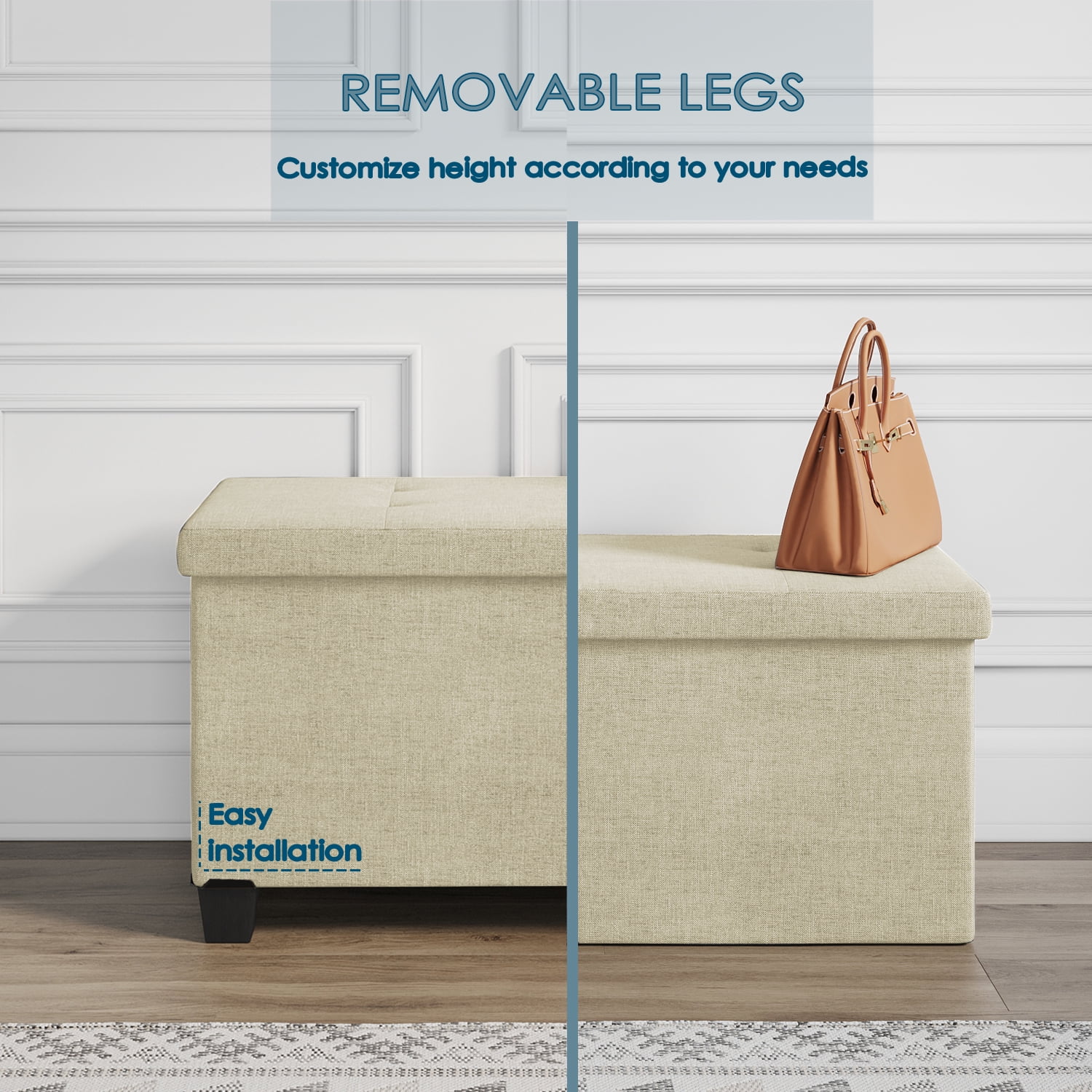 Storagebud Ottoman Storage Bench, Linen 30" Storage Ottoman Bench, White