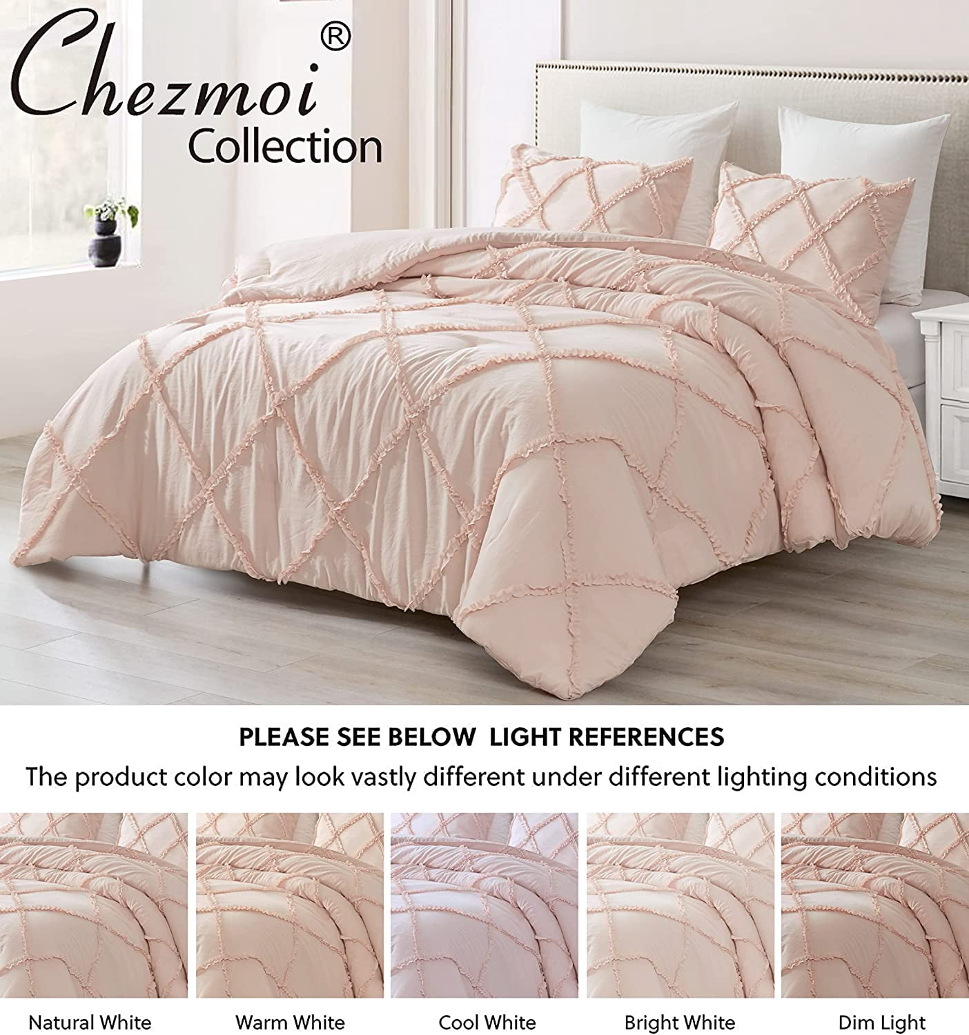 Chezmoi Collection Vivian 3-Piece Diamond Ruffle Trim Washed Microfiber Comforter Set
