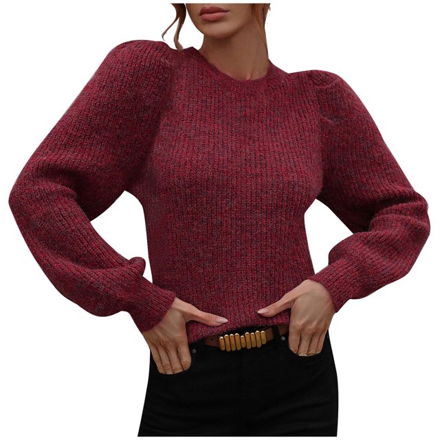 Hauts pour Femmes à Manches Longues Femmes Mode Décontractée Manches Lanterne Chandail Uni Tricoté à Manches Longues à Col Rond Hauts