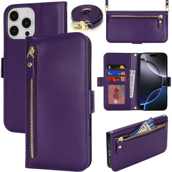 for iPhone 16 Pro Max Wallet Case for Women,Zipper Pocket,PU Leather Phone Case Stand flip Cover Crossbody Lanyard Strap Zipper Credit Card Holder Slots for Apple 16 ProMax,Dark Purple