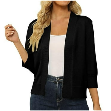 Ecqkame Cardigan Sweaters For Women Knited Casual Solid Color Blouse Soft Loose 3/4 Sleeve Jackets Black M on Clearance