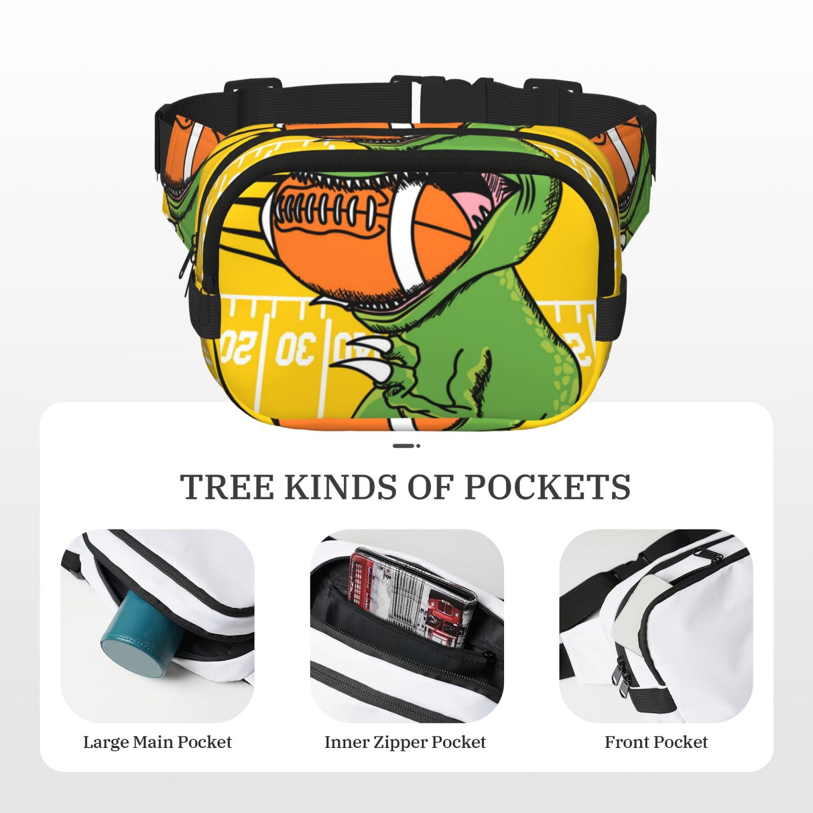 Picia T-Rex Playing Football Print Square Double-Layer Waist Bag Mini Adjustable Waist Belt Bag Exercise Running Travel Hiking