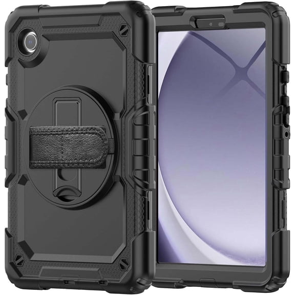 JINRAN Case for Samsung Galaxy Tab A9 8.7'' 2023 (SM-X110/X115/X117), Heavy Duty Shockproof Protective Case with Screen Protector, 360° Rotating Stand, Hand/Shoulder Strap and Pen Holder