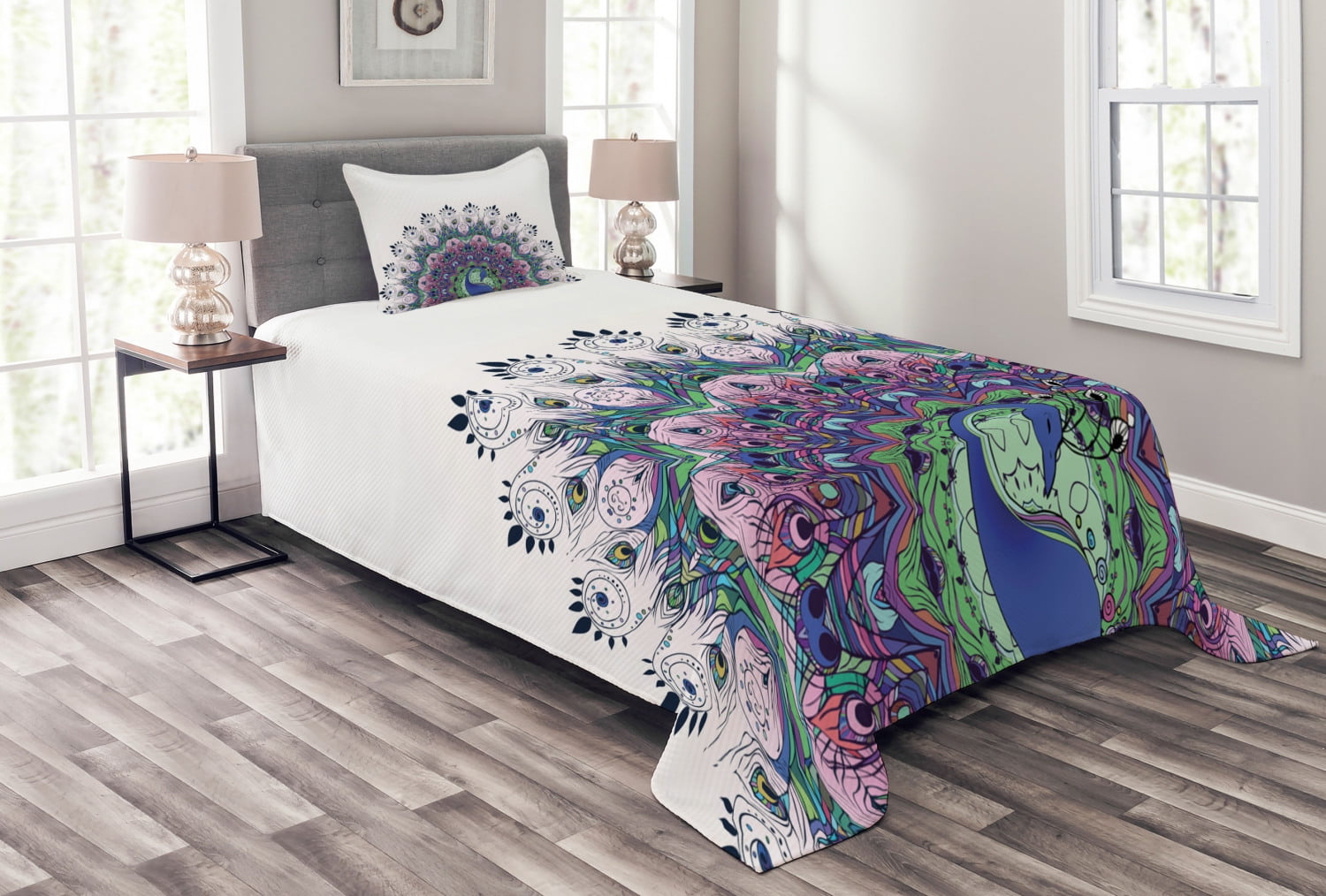 Peacock Bedspread Set Twin Size, Peacock Illustration Exotic Wildlife