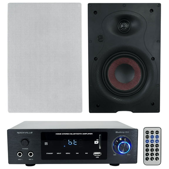 Rockville BLUAMP 150 Home Stereo Bluetooth Amp Receiver 2) 6.5" In-Wall Speakers