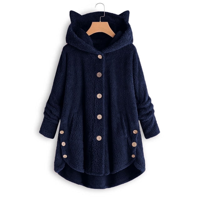 Women's Keep Warm Cardigan Button Down Hoodies Cat Ears Irregular Plush Solid Hooded Coat Tops