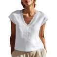 thumbnail image 2 of Women's V-neck Floral Edge Blouse Tops Short Sleeves Loose-fitting Pure Cotton Shirt Lace Trim V Neck Vacation Cap Sleeve Casual Blouses Versatile Short Sleeves Tops White L Summer Sales Under $2, 2 of 4