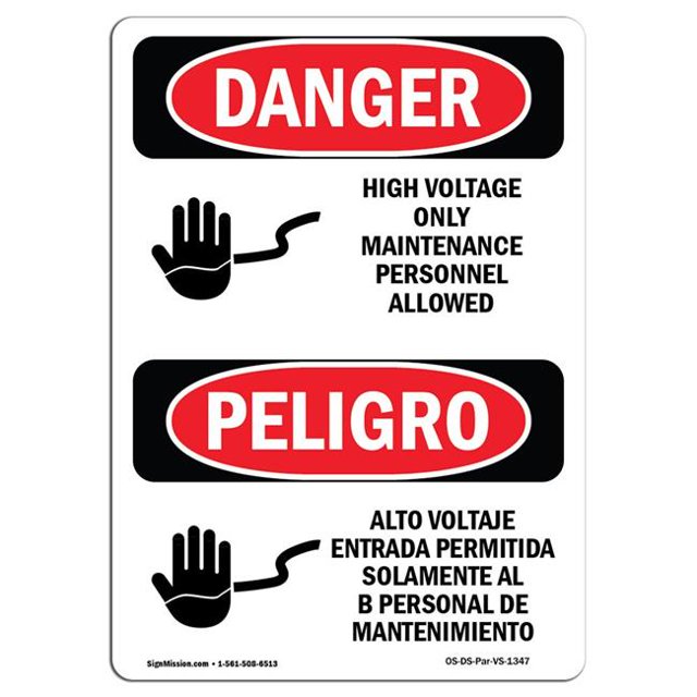 SignMission OS-DS-D-35-VS-1347 OSHA Danger Sign - High Voltage Maintenance Personnel Bilingual