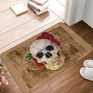 DouZhe Doormat Non-Slip Washable Floor Mat, Indoor Area Rug Vintage Map Rose Skull Pattern Carpet, 24x16 inches