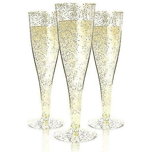 24 Disposable Plastic Champagne Flutes | Gold Glitter Plastic Champagne ...