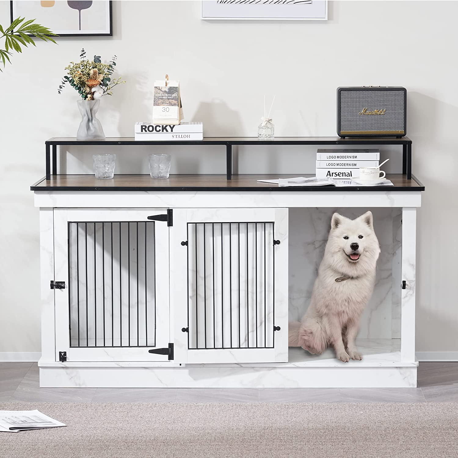 MCombo 52.7‘ 2-Door Wooden Dog Crate Furniture TV Stand 1861 (White)