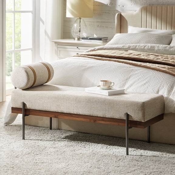 48" Upholstered Ottoman Bench with One Pillow Modern Metal Legs Bed Foot Stool Bedroom Entryway Beige