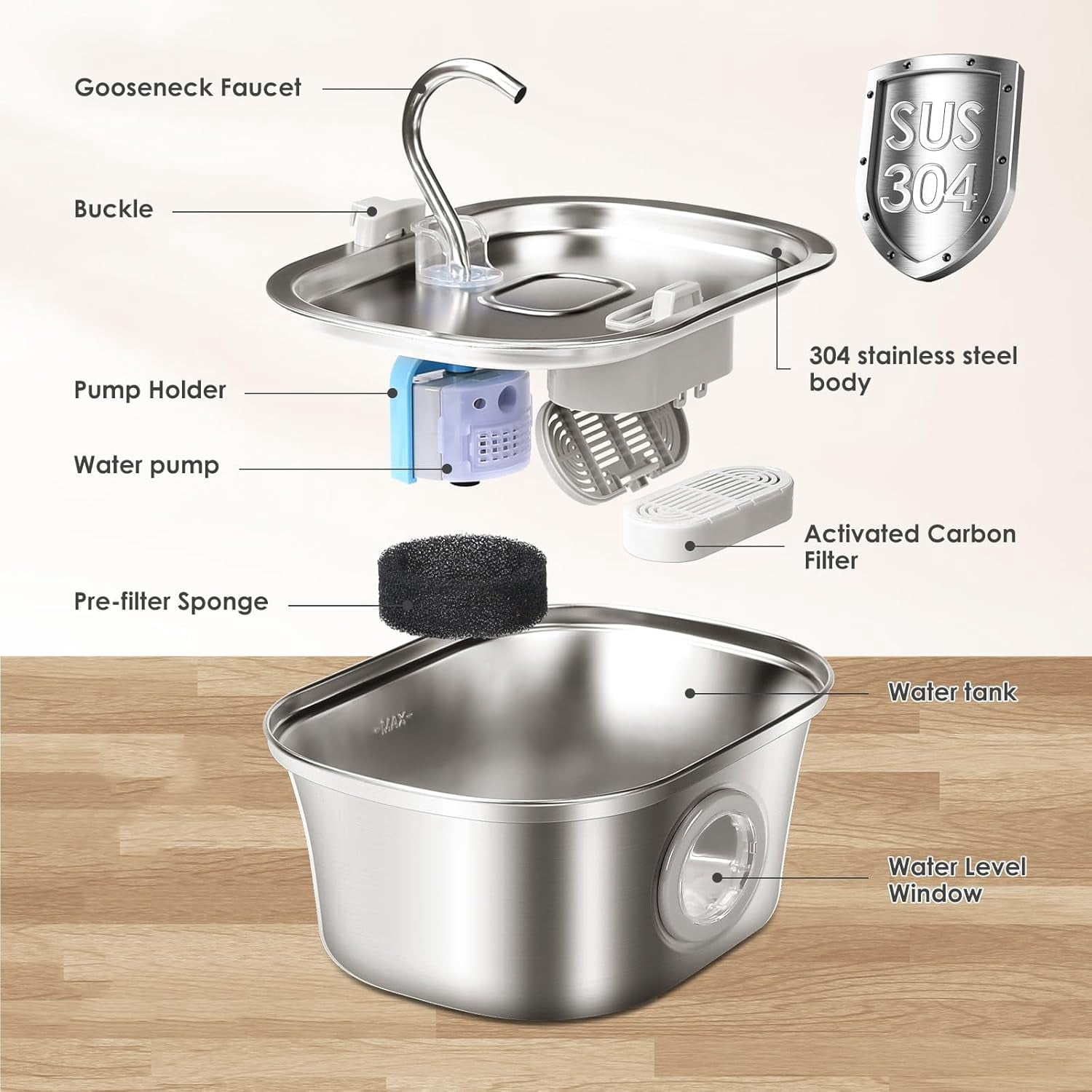 Petavista 3.2L/108oz Cat Water Fountain Stainless Steel Faucet Automatic Fountain with Silent Pump