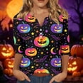 thumbnail image 2 of Halloween Shirts Women Plus Size Funny 3/4 Sleeve Pullover Horror Pumpkin Bat Printed T Shirts Spooky Button V Neck Tops Holiday Three Quarter Length Blouses, S, 2 of 5
