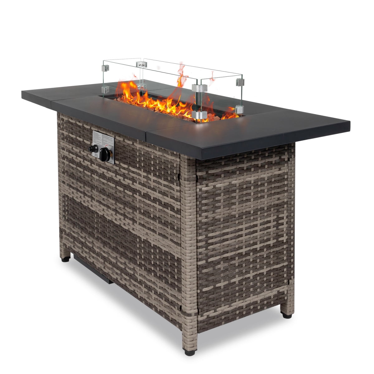 43 Inch Propane Fire Pit Table, 50,000 BTU Steel Propane Firepit with Lid & Pulse Ignition System, Outdoor Gas Fire Pit Table with Lava Rock & Imitation Rattan Weave Texture for Backyard Patio Garden