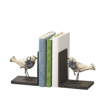 12.75" Distressed Iron Rustic-Style White Bird Bookend Pair