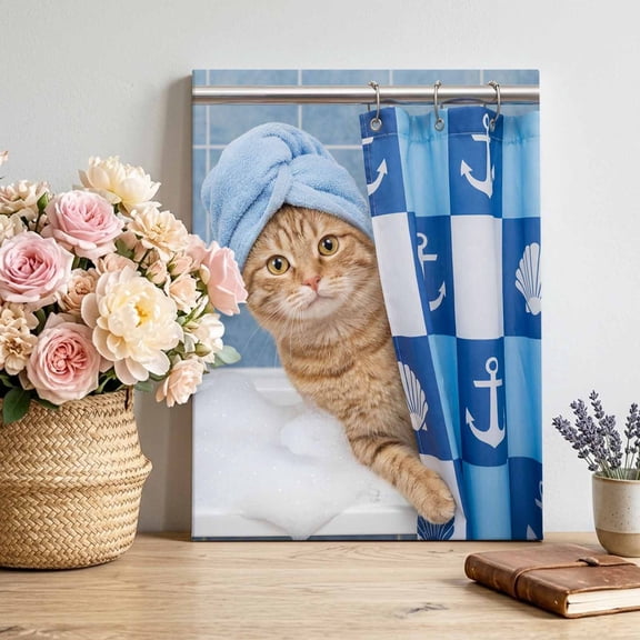 Canvas Wall Art Funny Cat Bathing Canvas Art Print Shell Anchors Towel Modern Abstract Pictures Wall Decor for Living Room Bedroom Artwork Decorations Stretched Framed Ready to Hang 22"x28"