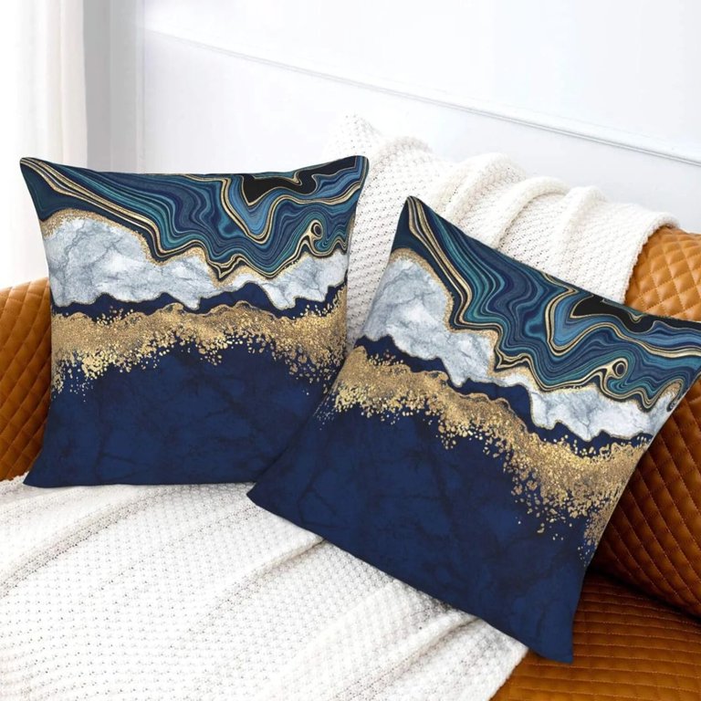 Blue and Gold Abstract Marble Pillow Covers 24x24 Set of 2, Navy Blue and  Gold Throw Pillow Covers Outdoor Decorative Pillow Case for Couch Bed Sofa 