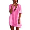 thumbnail image 3 of Kureaily Women Oversized Short Sleeve Button Down Shirt Dress, Loose Collared Linen Swim Cover Up Mini Tunic Dress Summer Casual Beach Vacation Outfit (Pink,3X-Large), 3 of 6