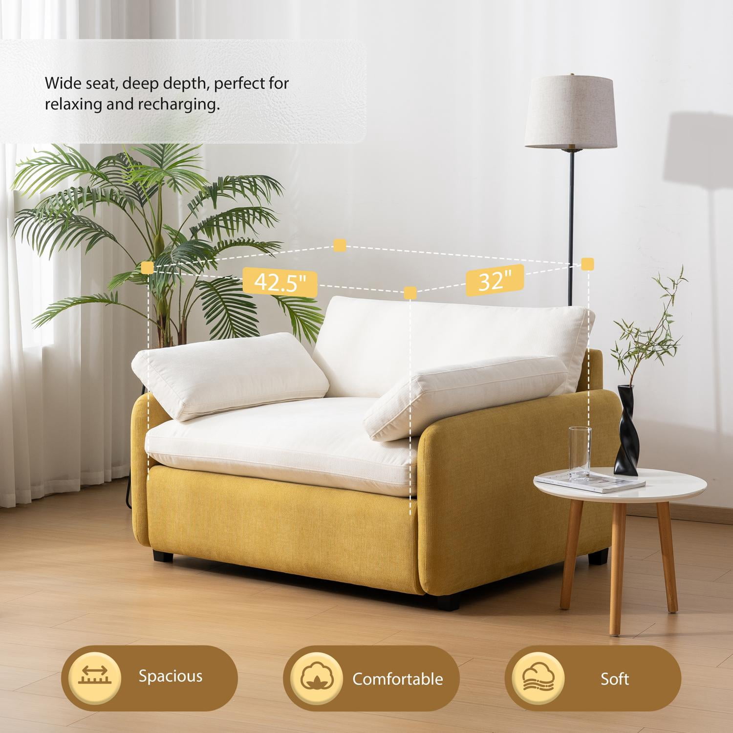 50" Oversized Single Sofa Chair,Chenille Accent Chair,Modern Upholstered Comfy Armchair with Pillows for Living Room,Apartment,Bedroom,Yellow