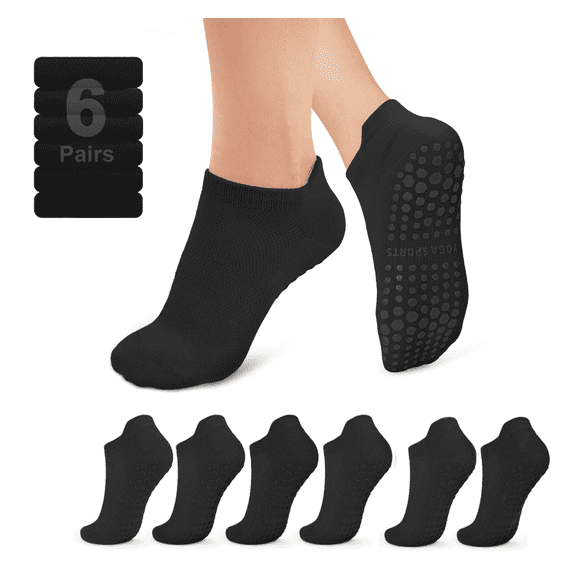 YOMYM 6 Pairs Pilates Socks for Women Non Slip Grip Socks Yoga Socks Ankle Grippy Socks Woman, Black