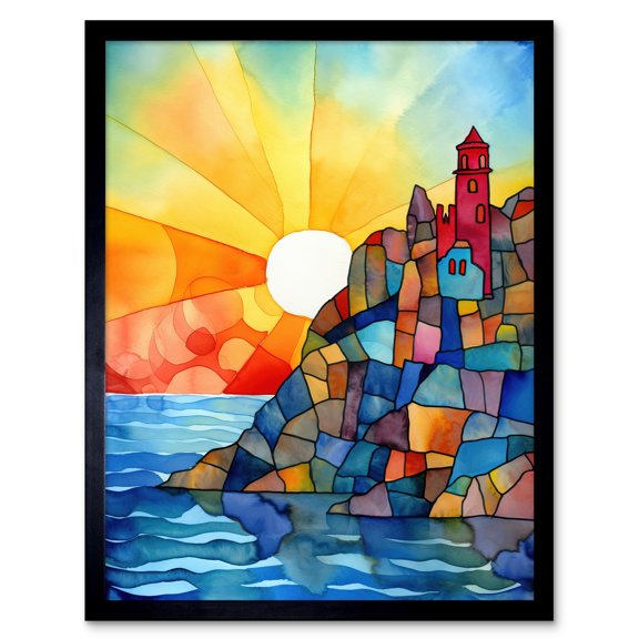 Sunset Coastal Cliffs Lighthouse Folk Art Art Print Framed Poster Wall Decor 12x16 inch