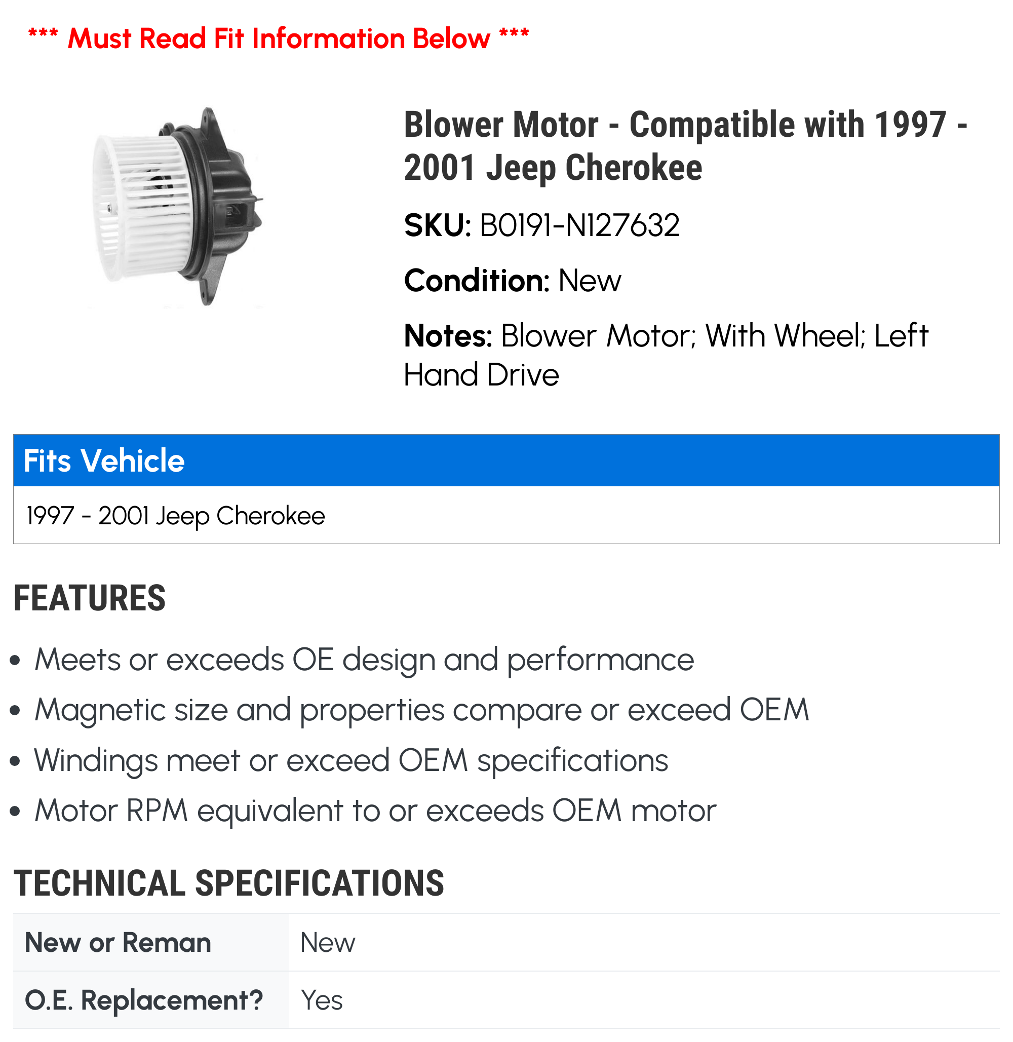 Blower Motor - Compatible with 1997 - 2001 Jeep Cherokee 1998 1999 2000