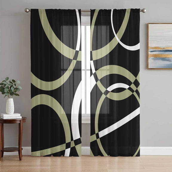 Sheer Curtains 84 Inches Long 2 Panels Set for Living Room, Black Geometric Semi Sheer Curtains for Windows, Modern Sage Green White Striped Art Voile Window Treatments Rod Pocket Curtain