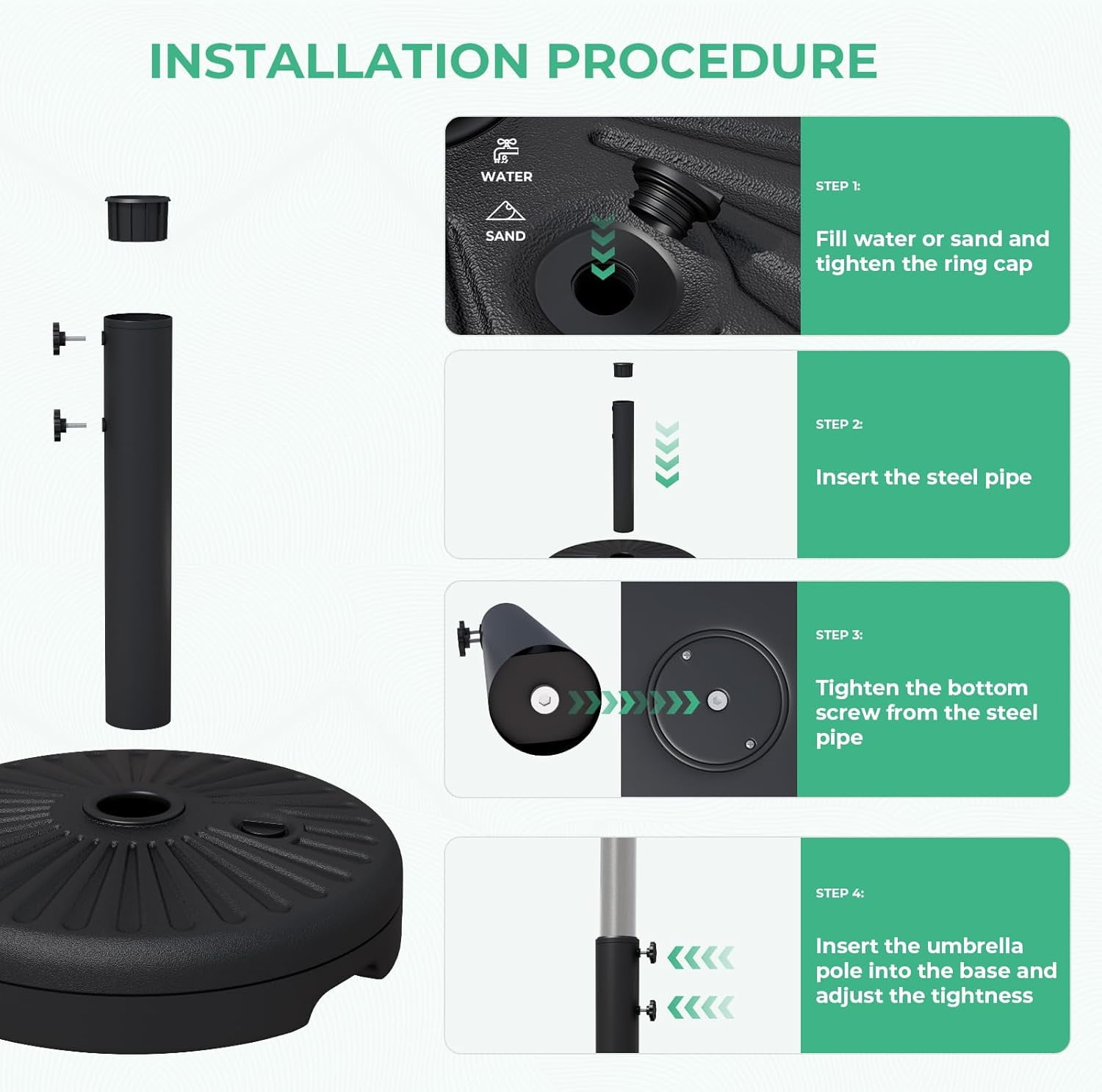 Patio umbrella stand with a maximum load capacity of 81.5 pounds, outdoor water-filled umbrella base, heavy-duty market umbrella stand, suitable for patio, terrace, poolside (black): patio, lawn, and