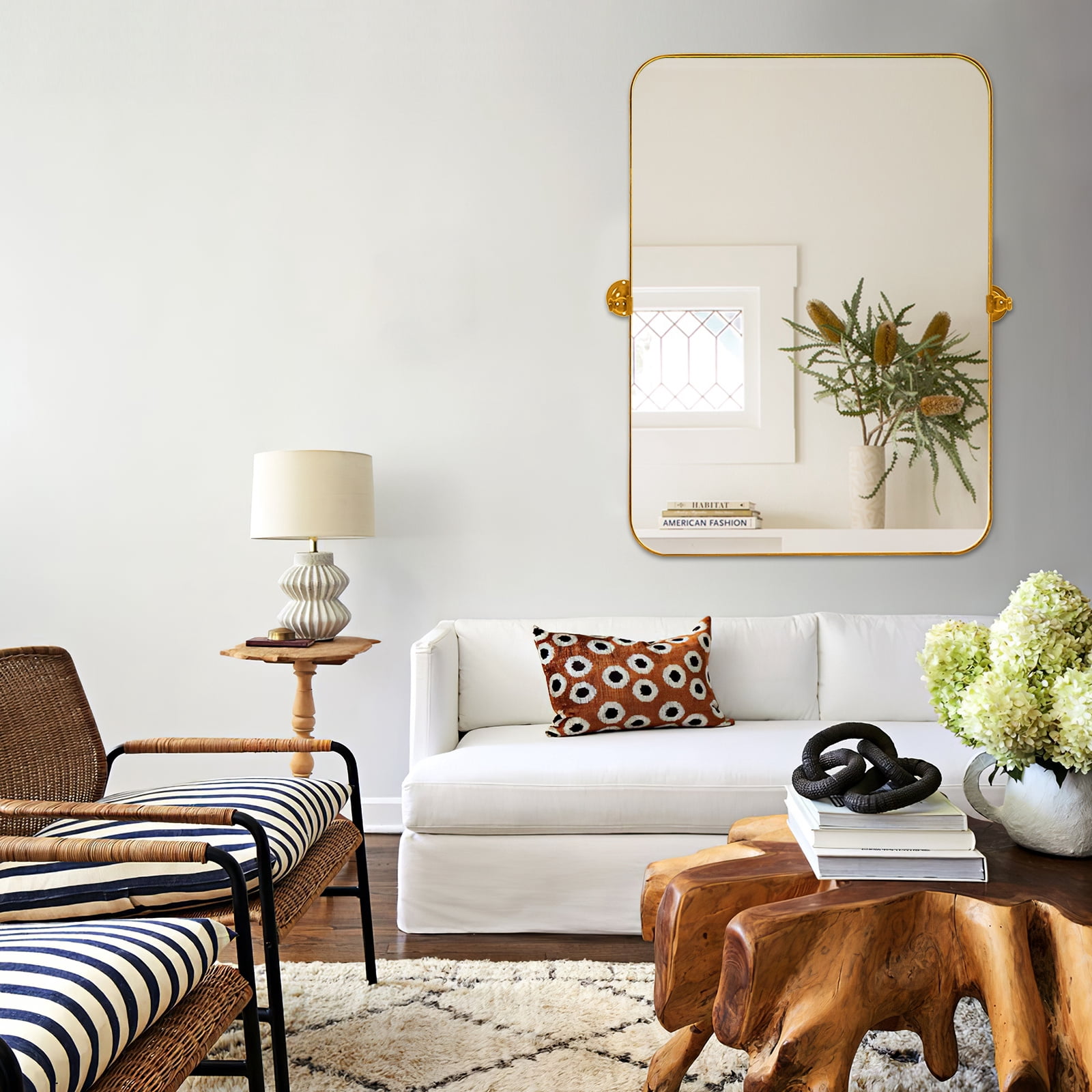 MAYEERTY Gold Metal Round Corner Rectangular Wall Mirror Iron Frame Decorative Hanging Mirror