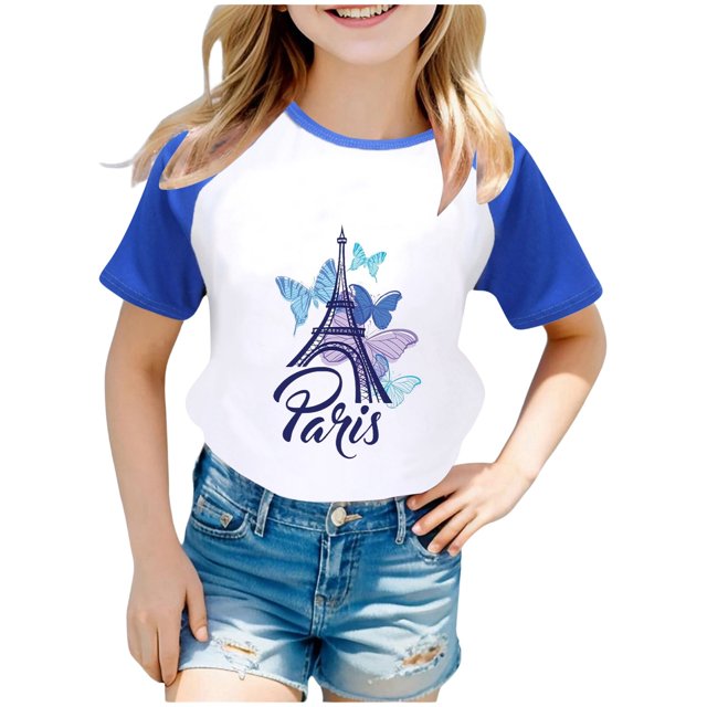 Girls Shirts Wear City Tourism Commemorative Print Raglan Sleeve Color Block Short Sleeve Girls Tops Dark Blue 9 Years-10 Years