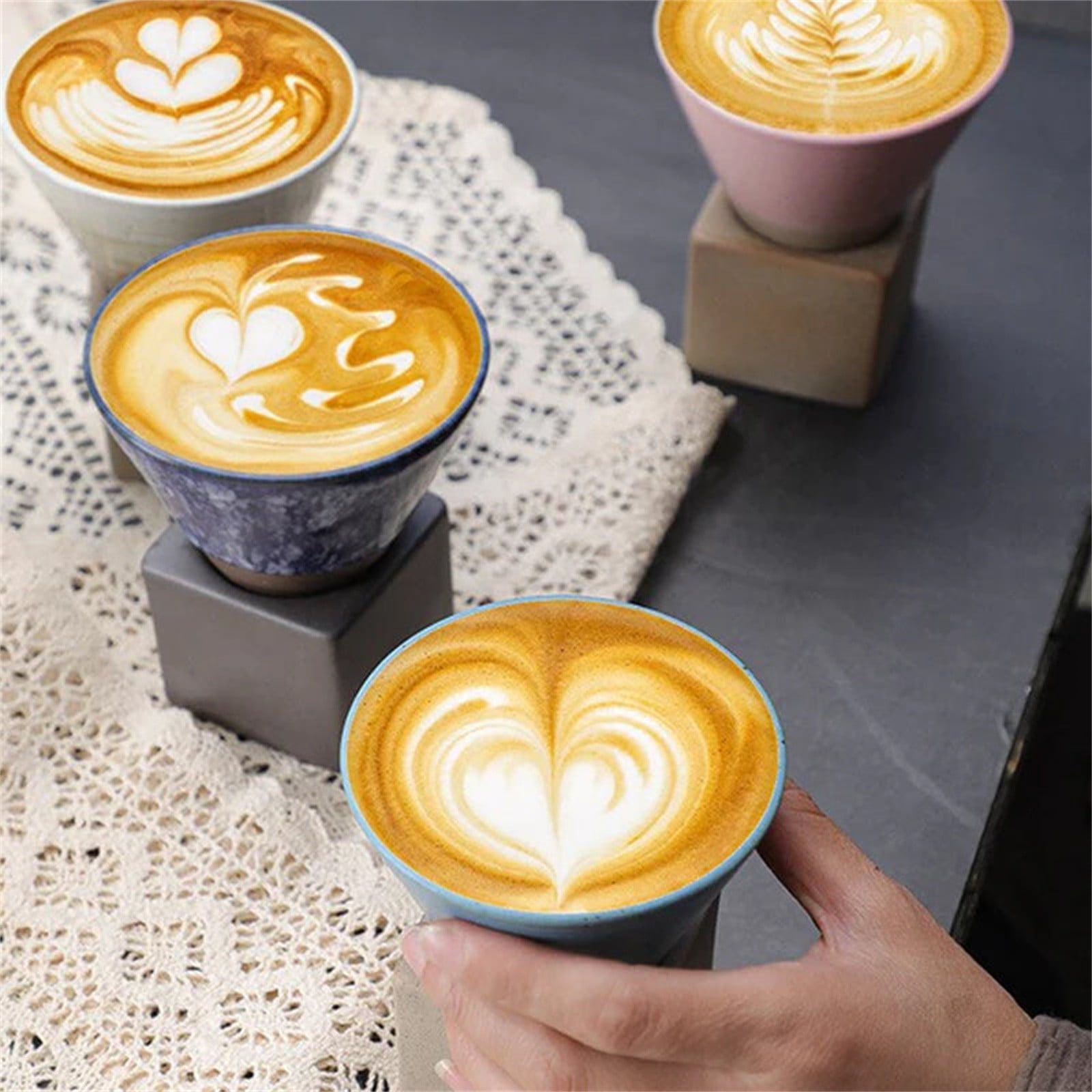 Coarse Pottery Coffee Mugs, Japanese Style Ceramic Tea Cups Triangular Cone Shape Porcelain Retro Mug with Square Base Heat Resistant Funnel Mugs Espresso Latte for Home Picnic Office