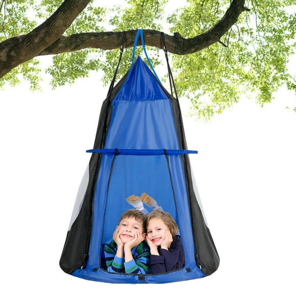 Gymax 40'' Kids Hanging Chair Swing Tent Set Hammock Nest Pod Seat Blue