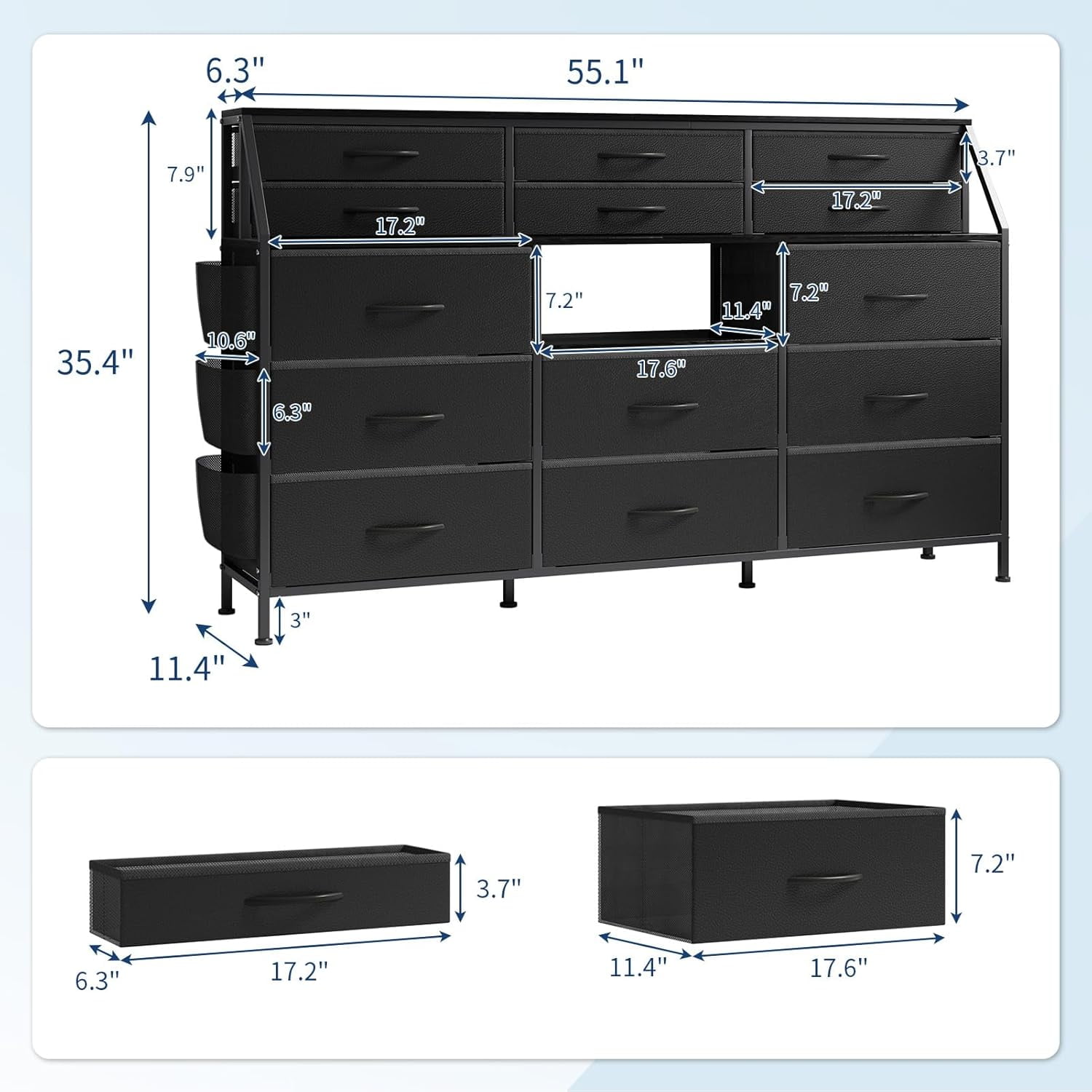 Dresser for Bedroom with 14 Drawers, 55" W Dresser with Side Pocket, Fabric Dressers & Chests of Drawers with Shelves, Sturdy Frame, Wood Top