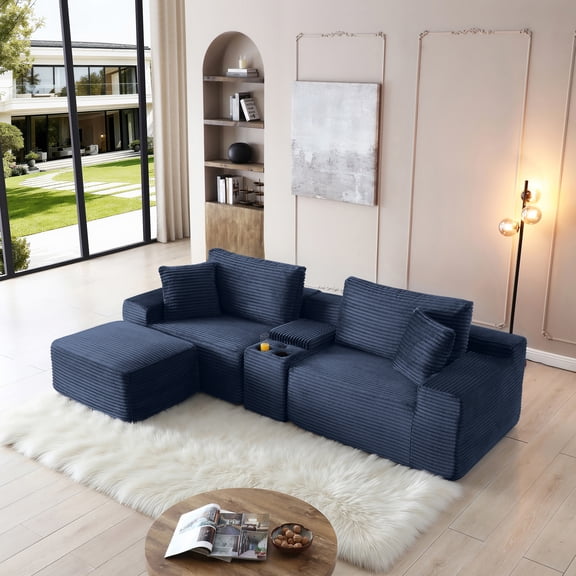 Modular Sectional Sofa, Blue Corduroy Cloud Couch with USB Ports, Cup Holders and Storage Box, 4-Seat Sleeper Sofa with Movable Ottoman for Living Room, No Assembly Required